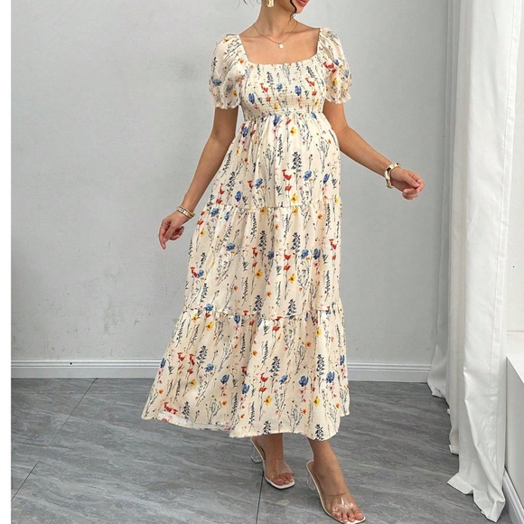 Maternity Floral Print Puff Sleeve Smocked High Waisted Maxi Dress - Picture 3 of 8